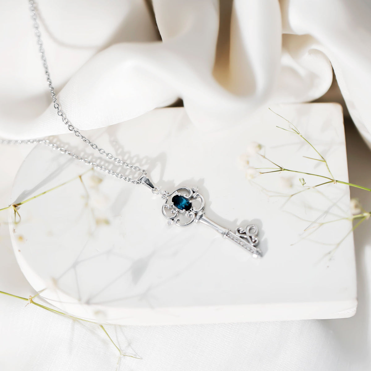 London Blue Topaz and Diamond Vintage Key Necklace