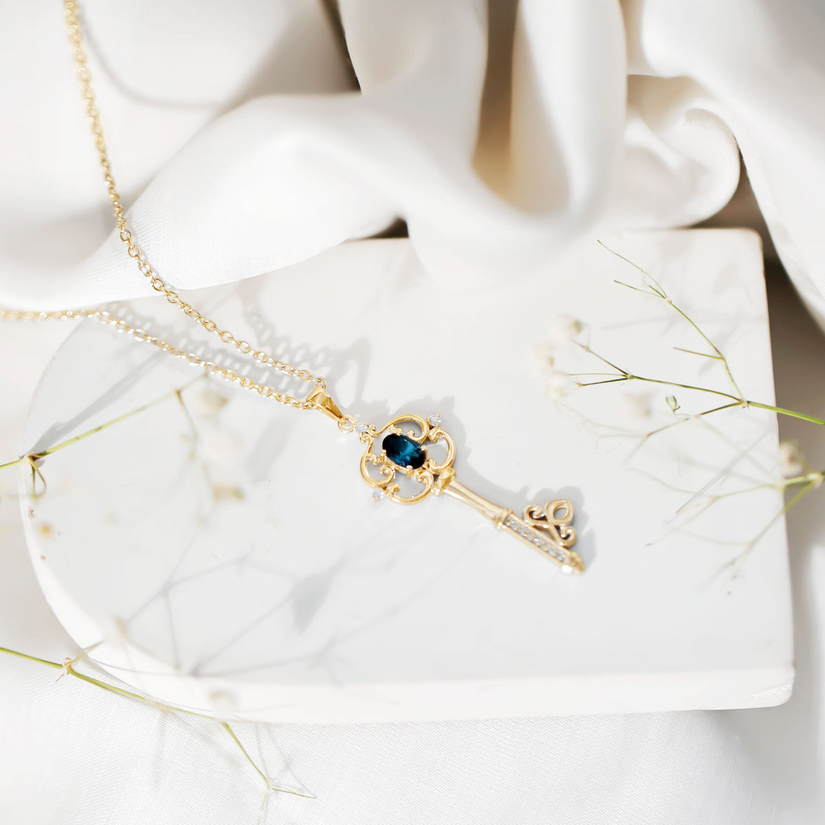 London Blue Topaz and Diamond Vintage Key Necklace