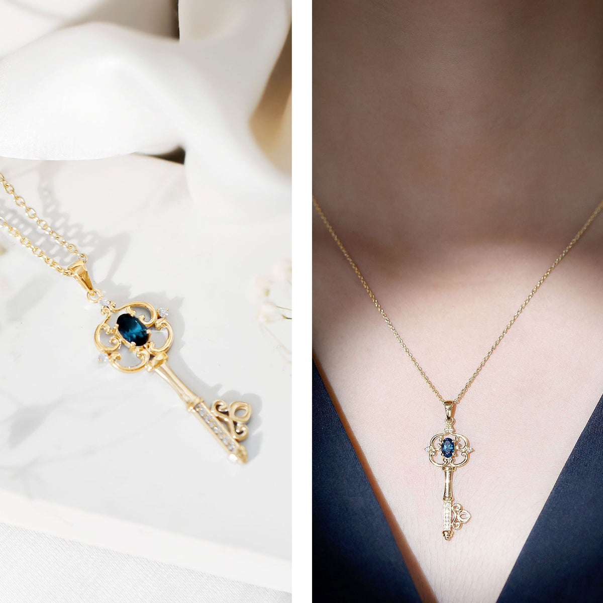 London Blue Topaz and Diamond Vintage Key Necklace