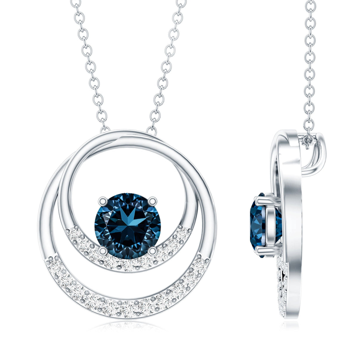 Round London Blue Topaz and Diamond Interlocking Circle Necklace