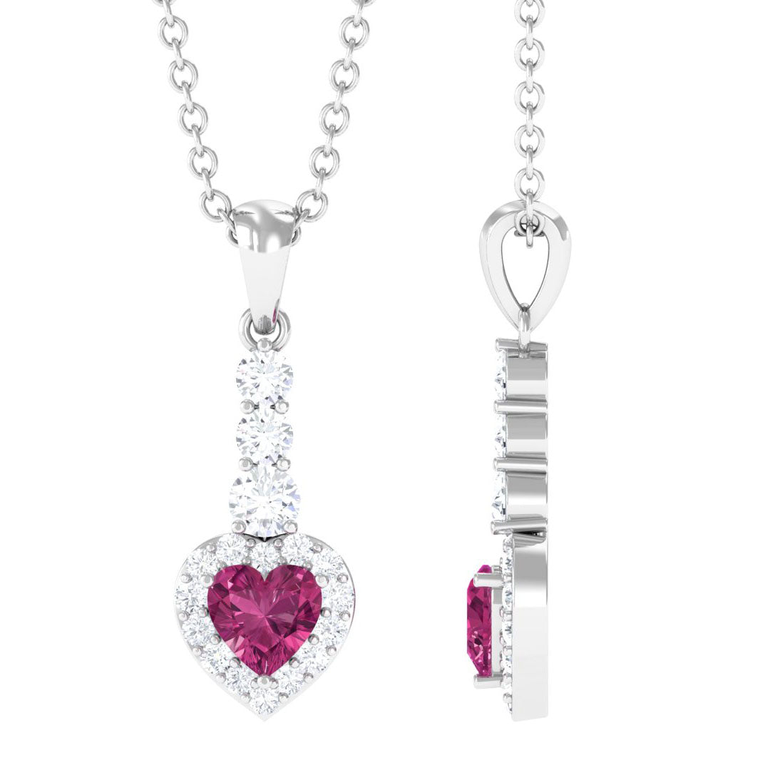 Heart Shape Pink Tourmaline Drop Pendant with Diamond