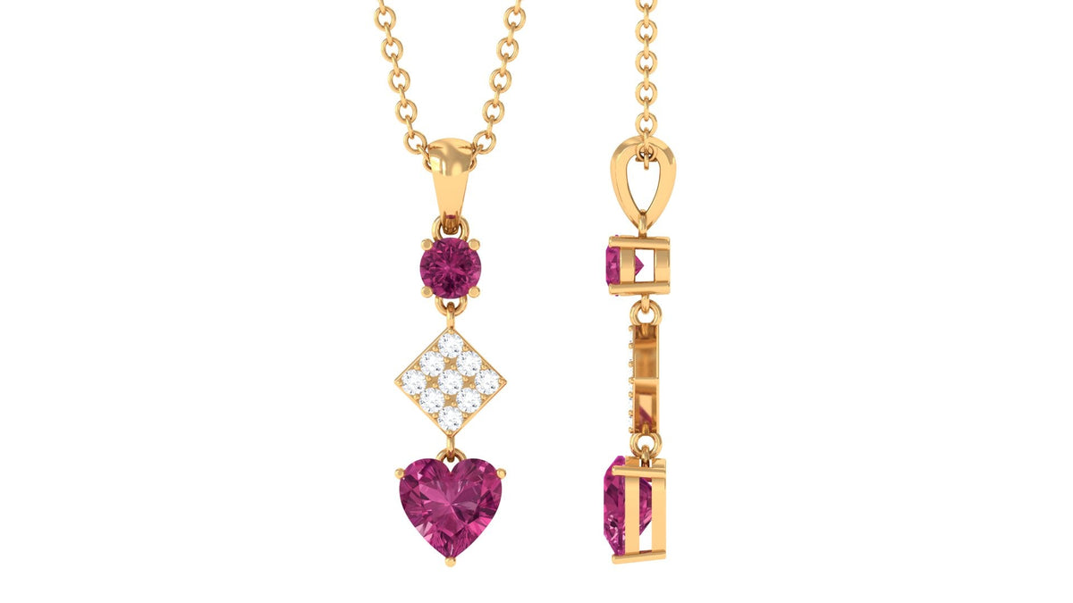 Round and Heart Shape Pink Tourmaline Dangle Pendant with Diamond
