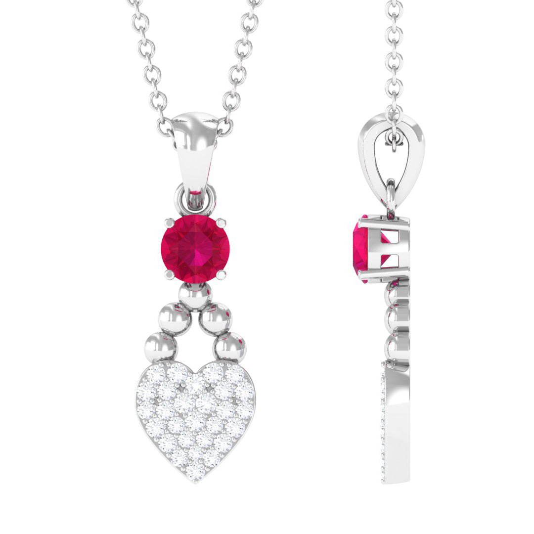 Round Ruby and Diamond Heart Pendant Necklace