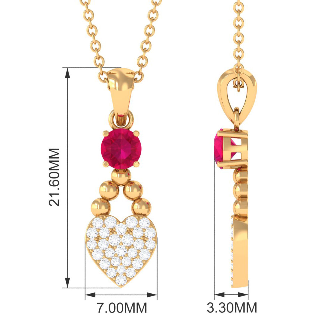 Round Ruby and Diamond Heart Pendant Necklace
