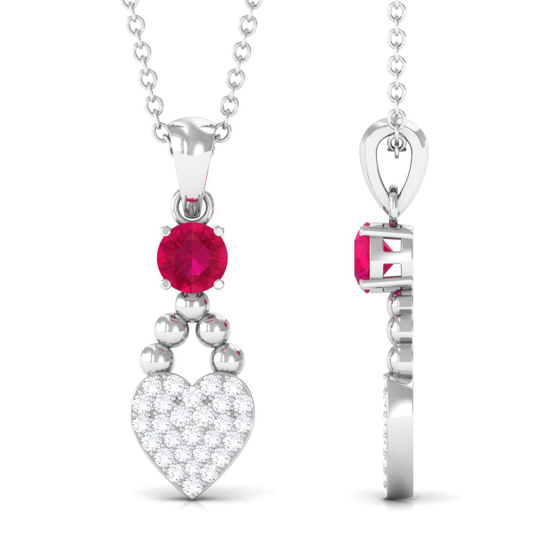Round Ruby and Diamond Heart Pendant Necklace