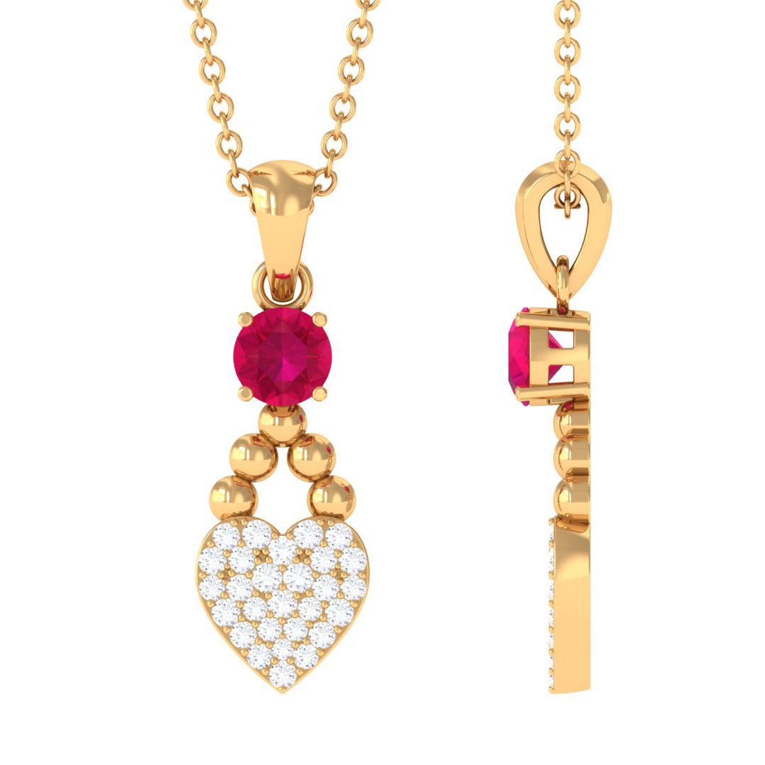 Round Ruby and Diamond Heart Pendant Necklace