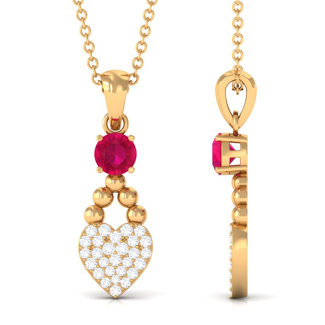 Round Ruby and Diamond Heart Pendant Necklace