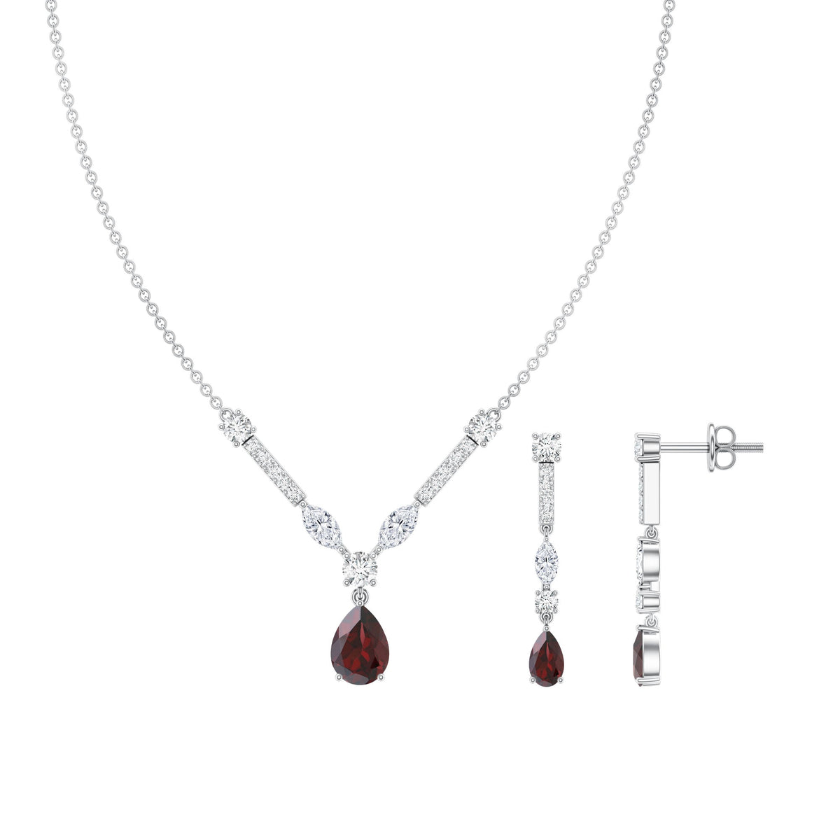 Garnet Drop & Dangle Necklace and Earrings Set with Moissanite