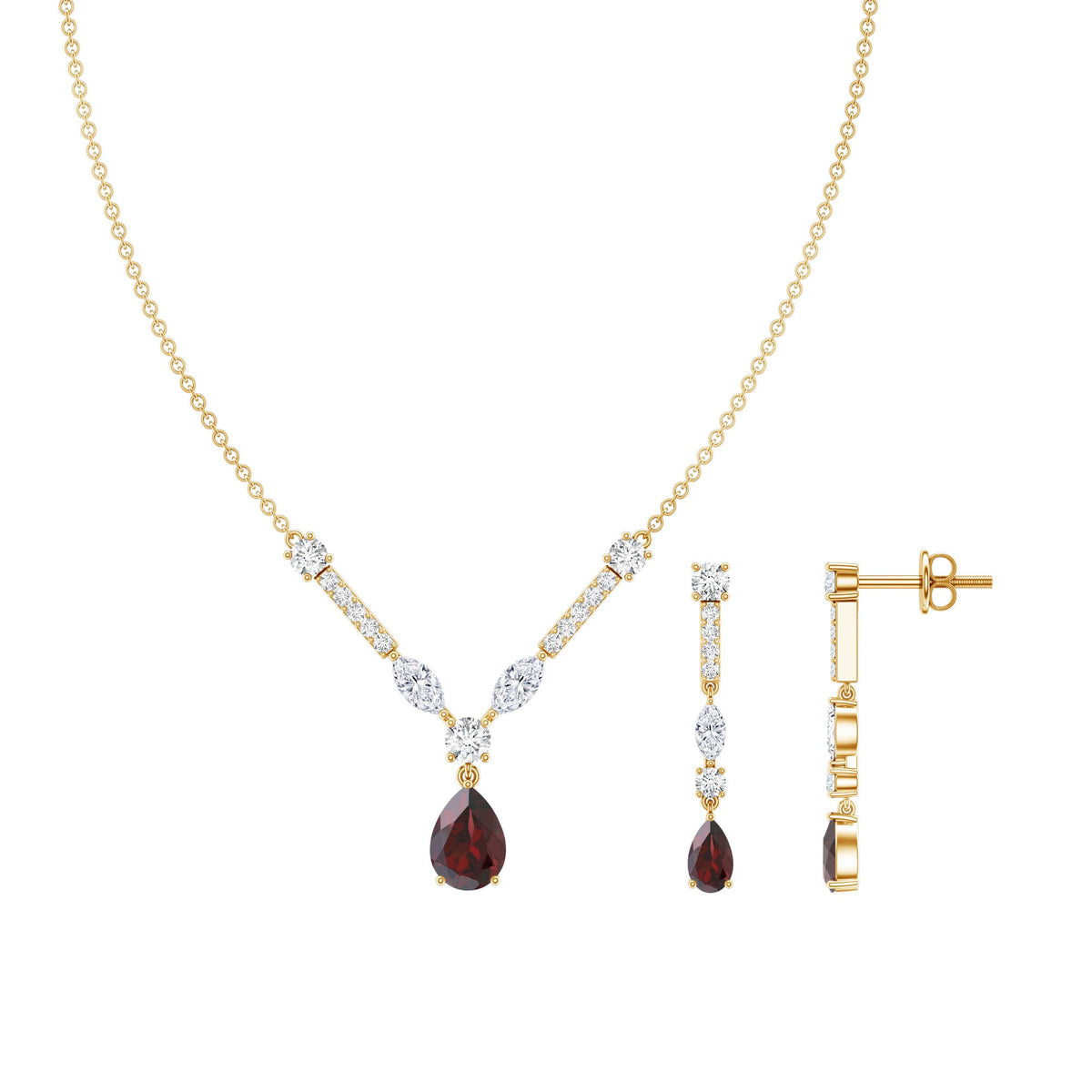Garnet Drop & Dangle Necklace and Earrings Set with Moissanite