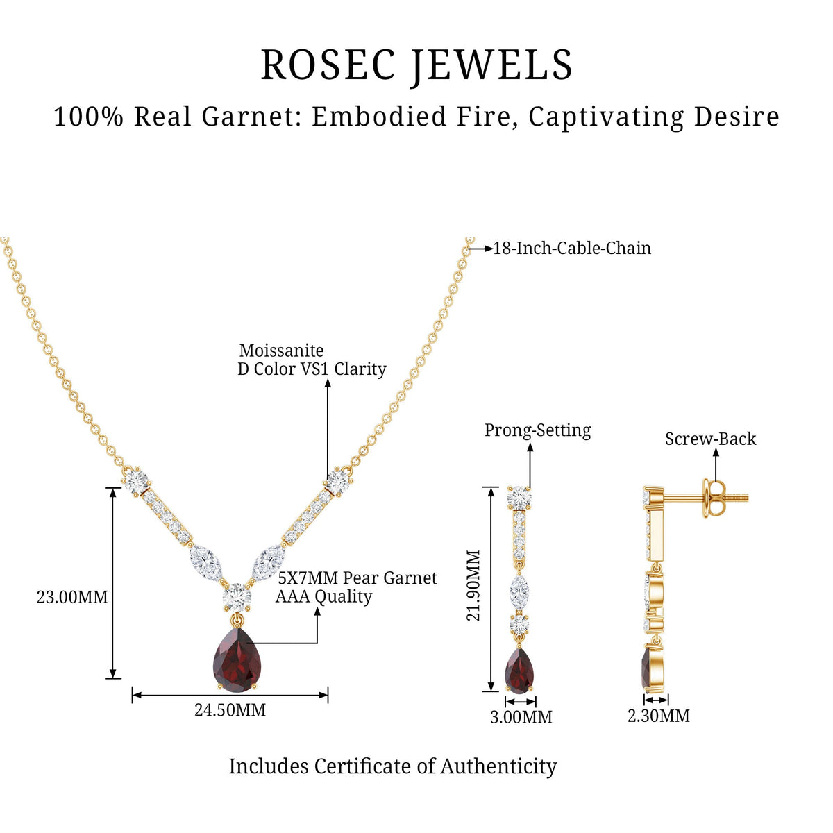 Garnet Drop & Dangle Necklace and Earrings Set with Moissanite