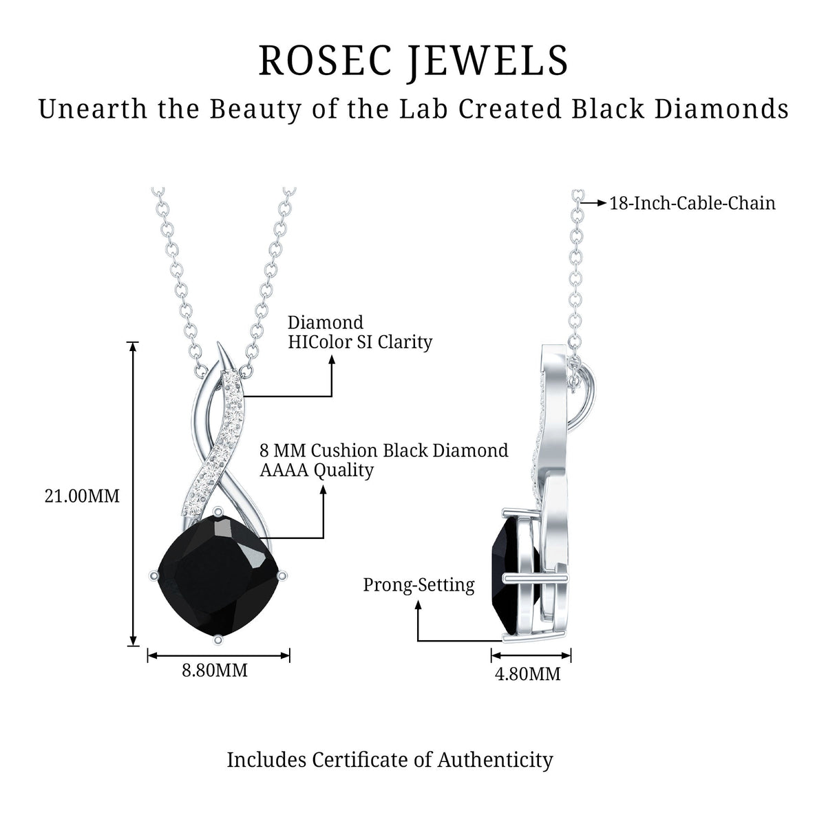 2.83 Carat Cushion Lab Grown Black Diamond Infinity Necklace
