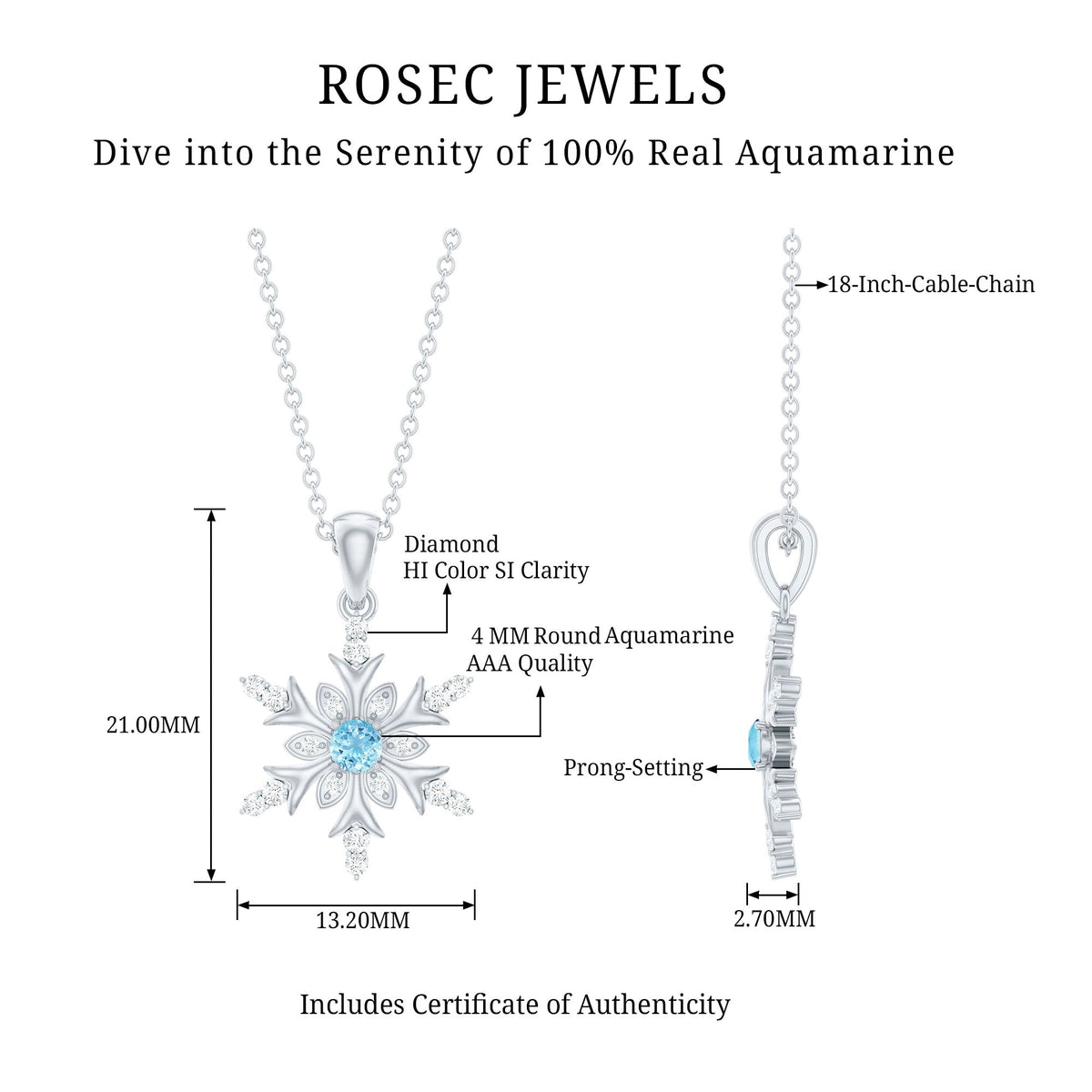 Aquamarine and Diamond Designer Snowflake Necklace With Chain