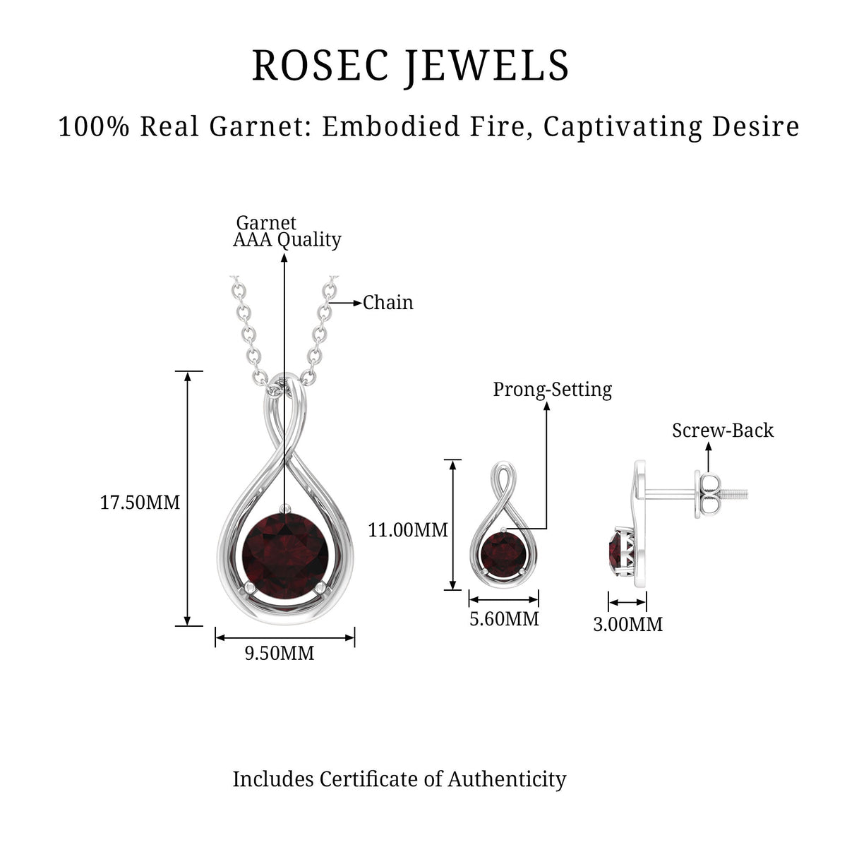 Garnet Infinity Necklace and Earrings Set for Women