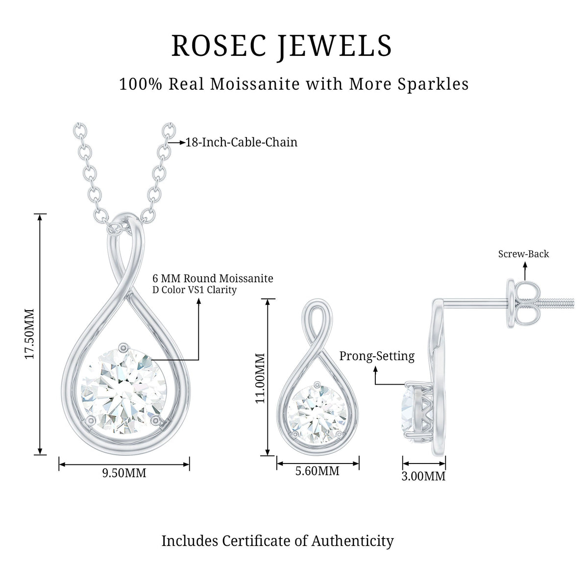 Certified Moissanite Solitaire Infinity Pendant and Earrings Set