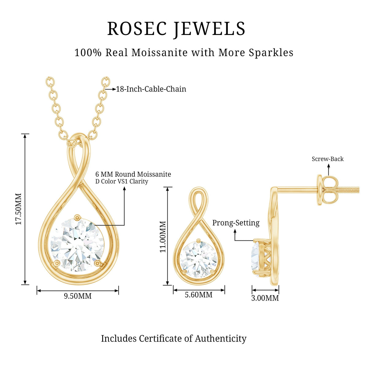 Certified Moissanite Solitaire Infinity Pendant and Earrings Set