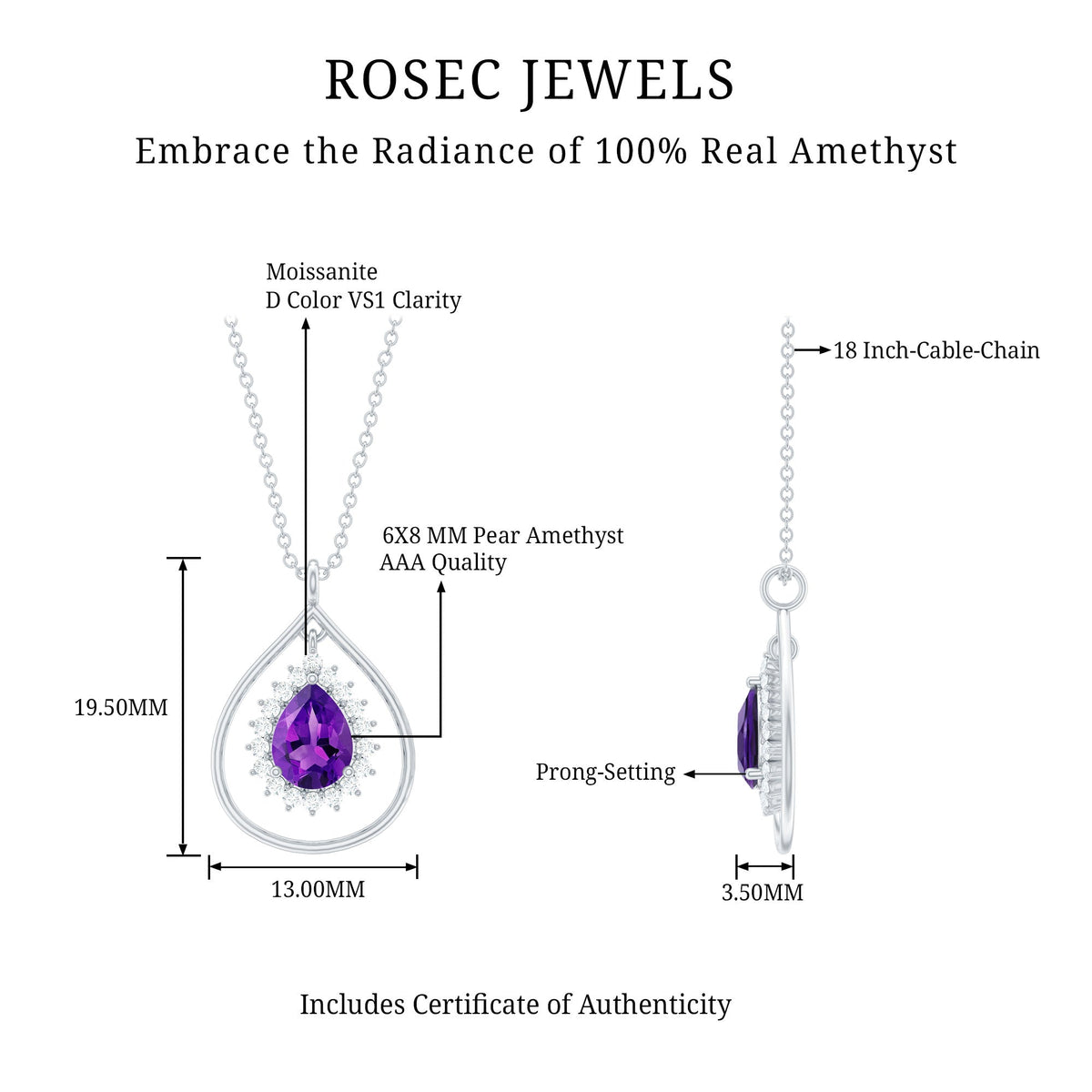 1 Carat Amethyst Teardrop Necklace with Moissanite Halo