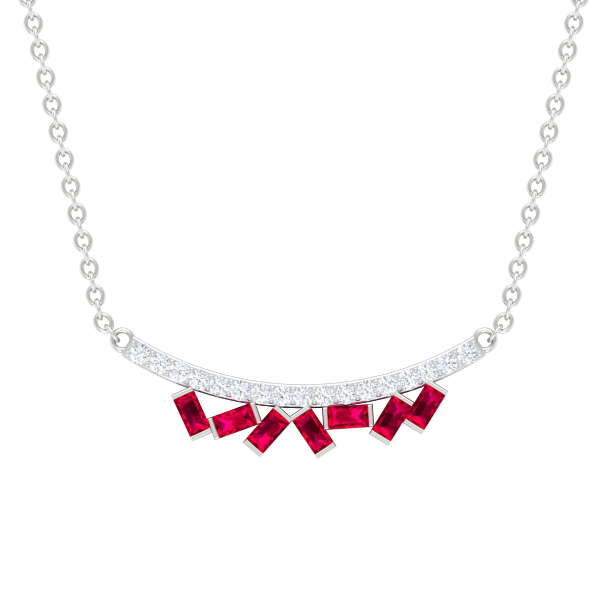 Baguette Cut Ruby Cluster Necklace with Diamond