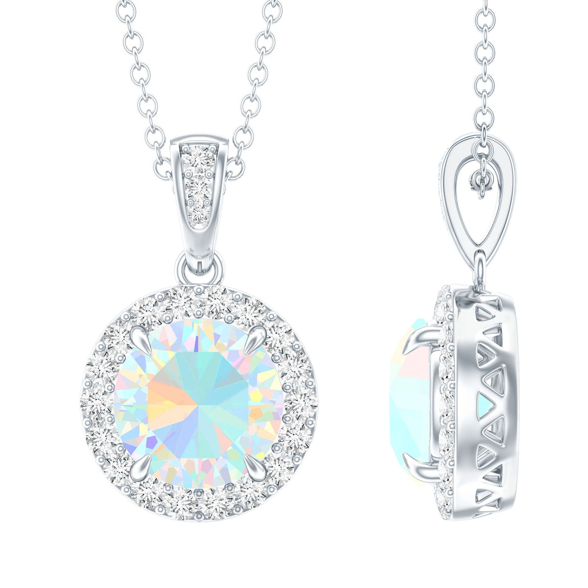 2 Carat Ethiopian Opal and Moissanite Halo Necklace with Silver Chain