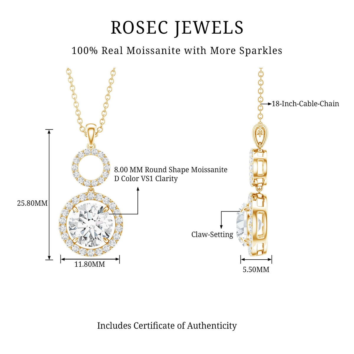 2 Carat Round Moissanite Wedding Dangle Necklace with Halo