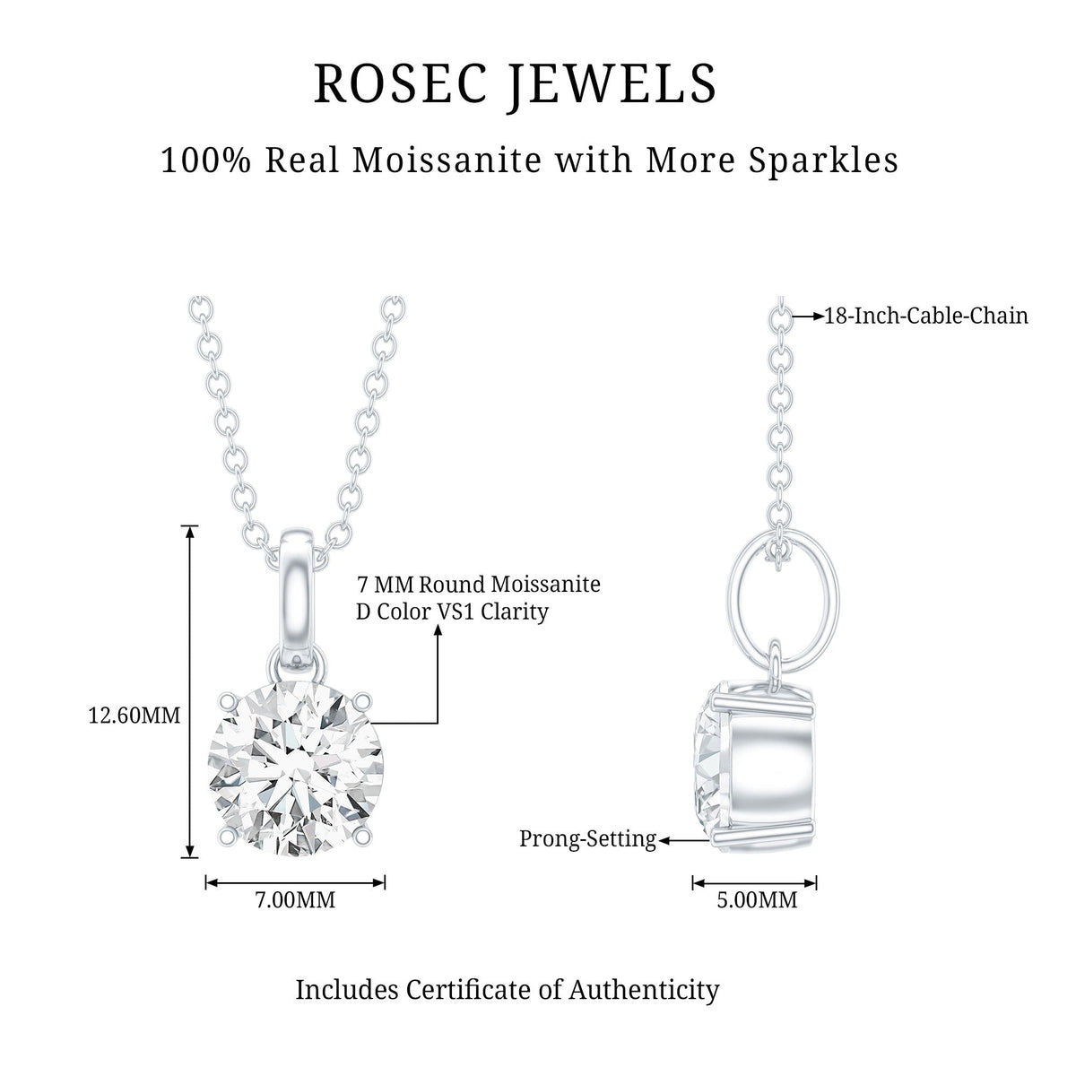 1.36 Carat Round Moissanite Solitaire Pendant Necklace in Prong Setting