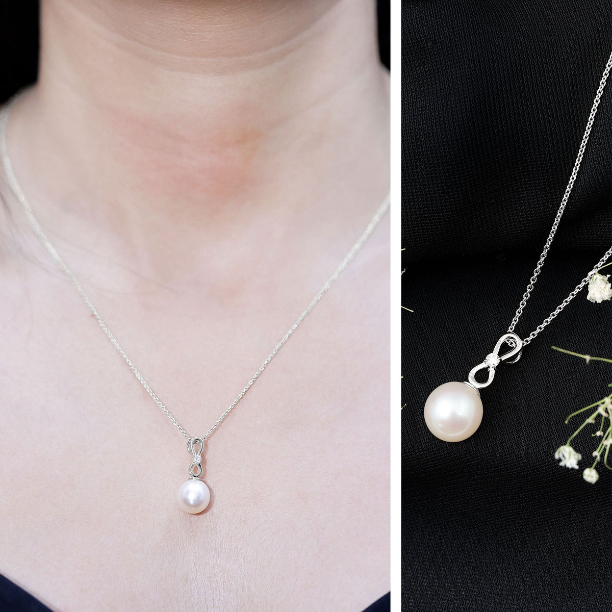 8 Carat Round Freshwater Pearl Drop Infinity Pendant with Diamond
