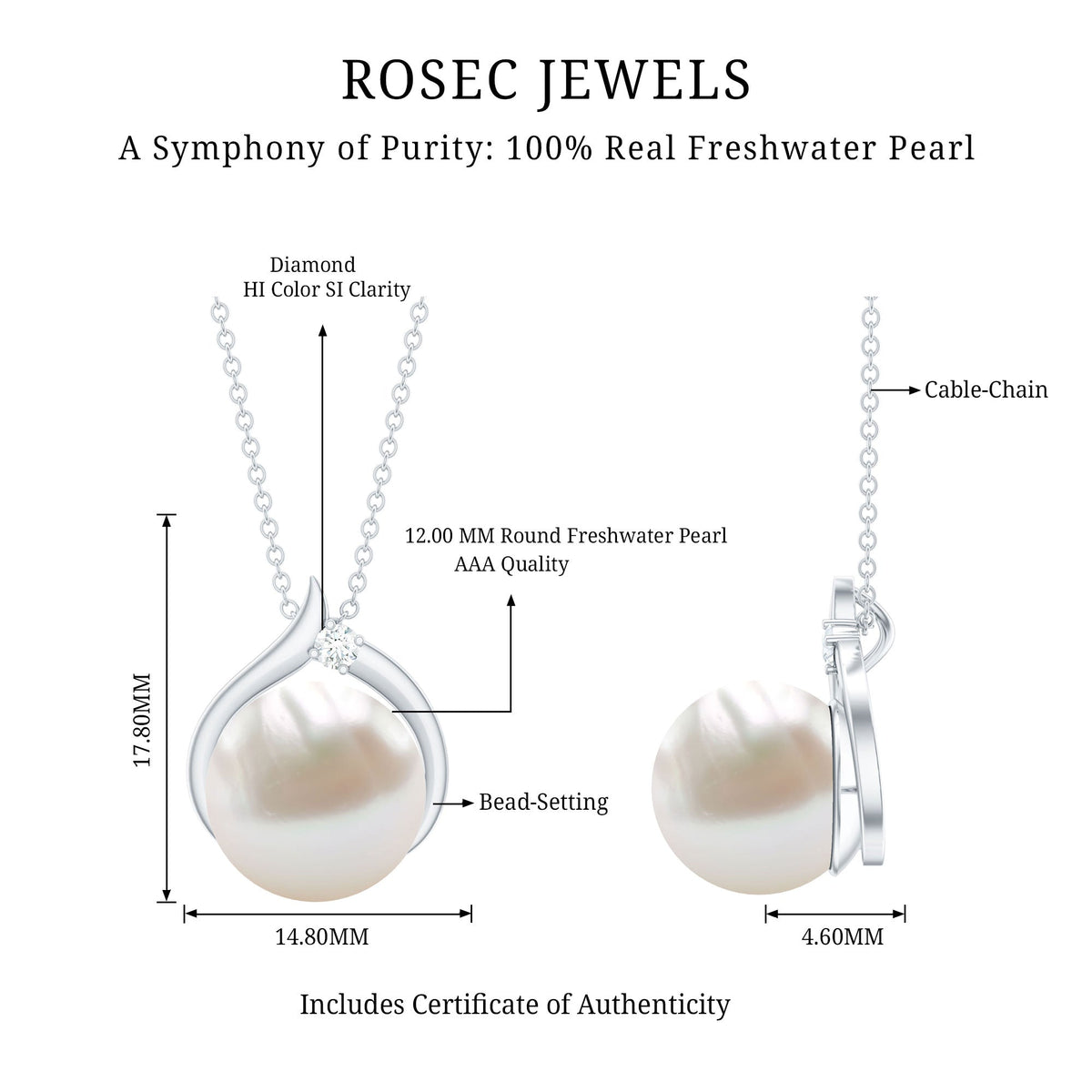 11 Carat White Pearl Solitaire Necklace with Diamond