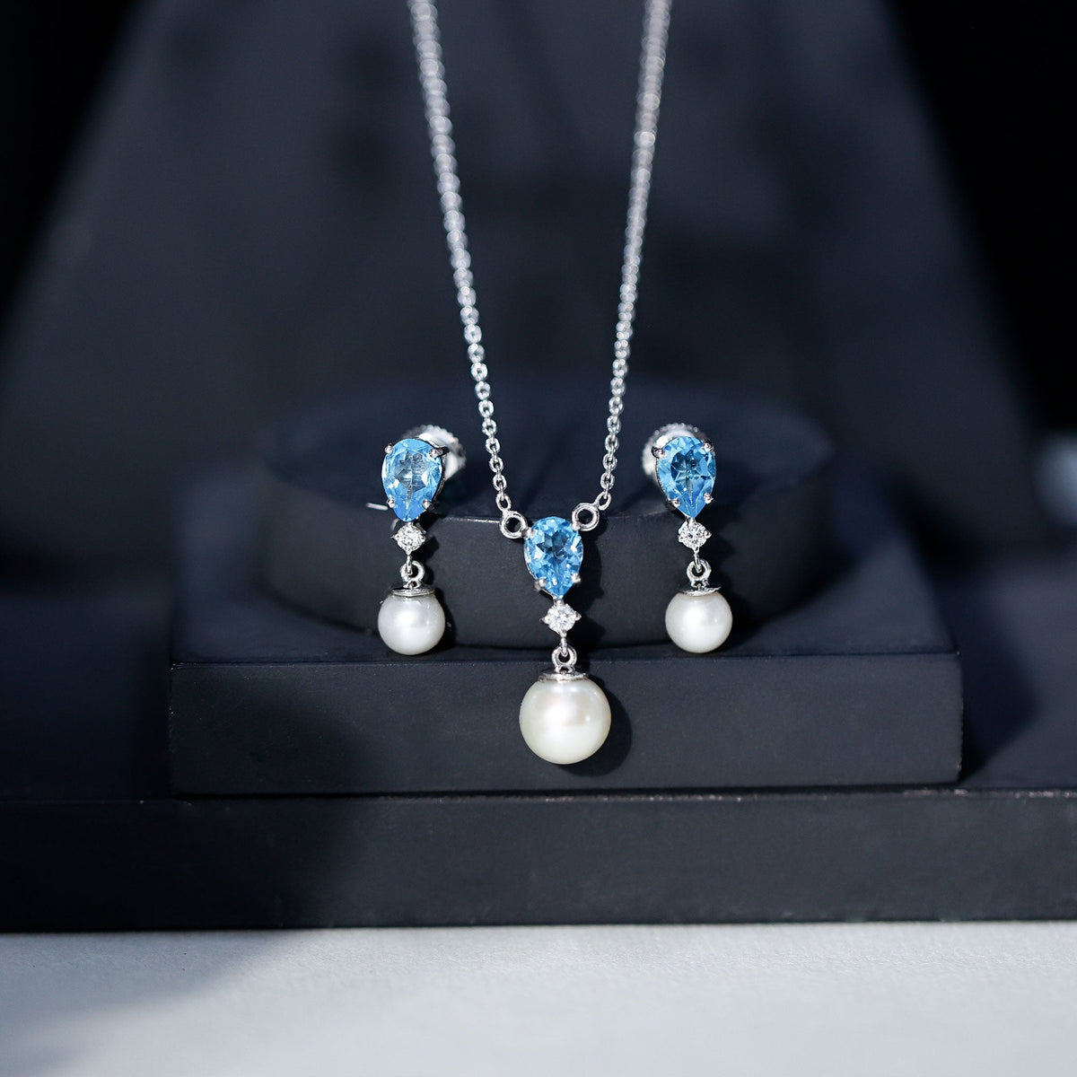 Swiss Blue Topaz and Diamond Jewelry Set with Freshwater Pearl Drop