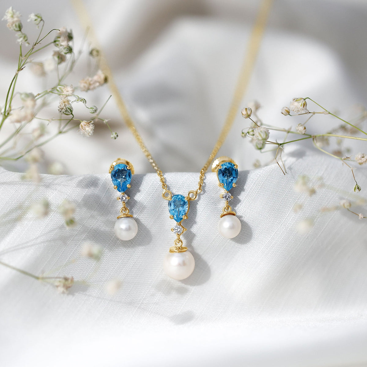 Swiss Blue Topaz and Diamond Jewelry Set with Freshwater Pearl Drop