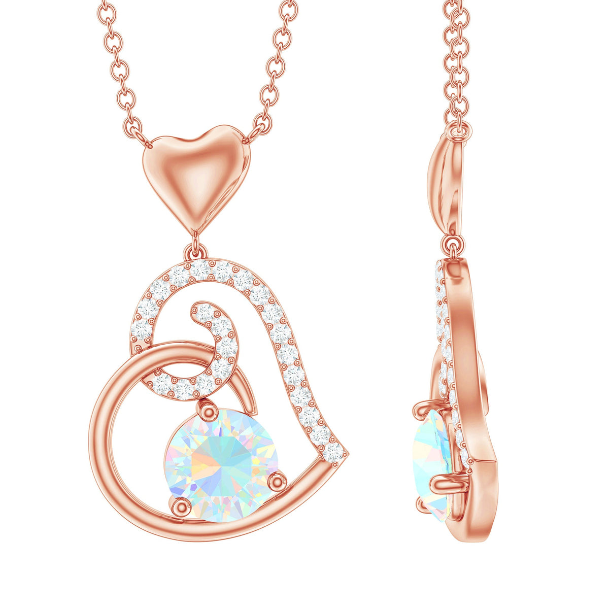 Ethiopian Opal Heart Pendant Necklace with Diamond