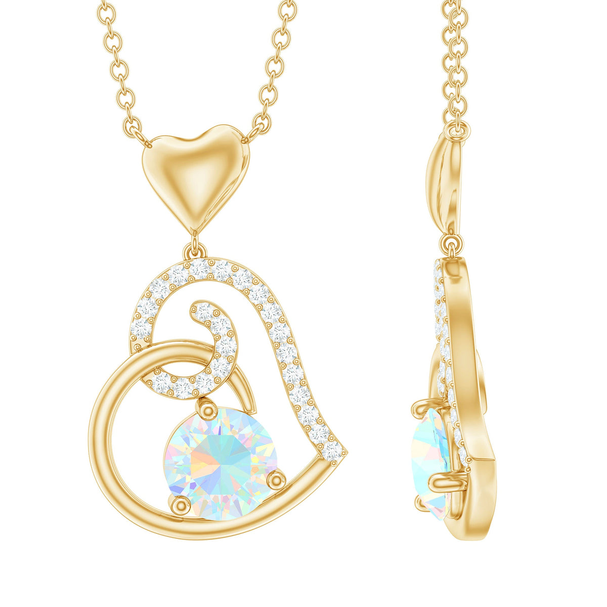 Ethiopian Opal Heart Pendant Necklace with Diamond