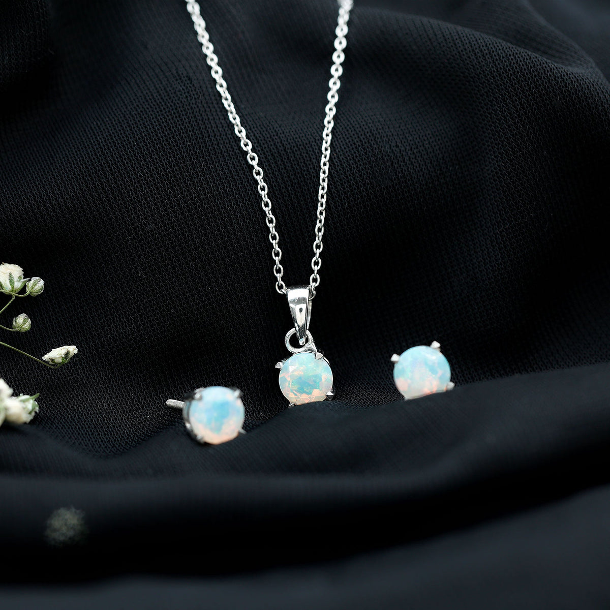 6MM Round Cut Ethiopian Opal Solitaire Jewelry Set