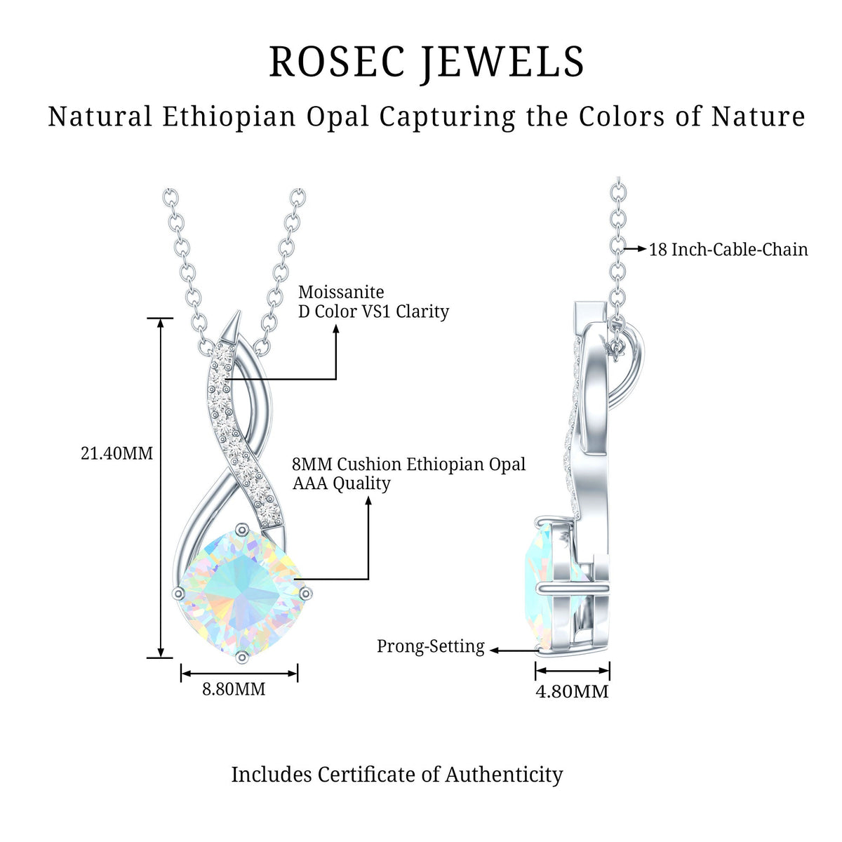 1.87 Carat Cushion Cut Ethiopian Opal Infinity Pendant with Silver Chain