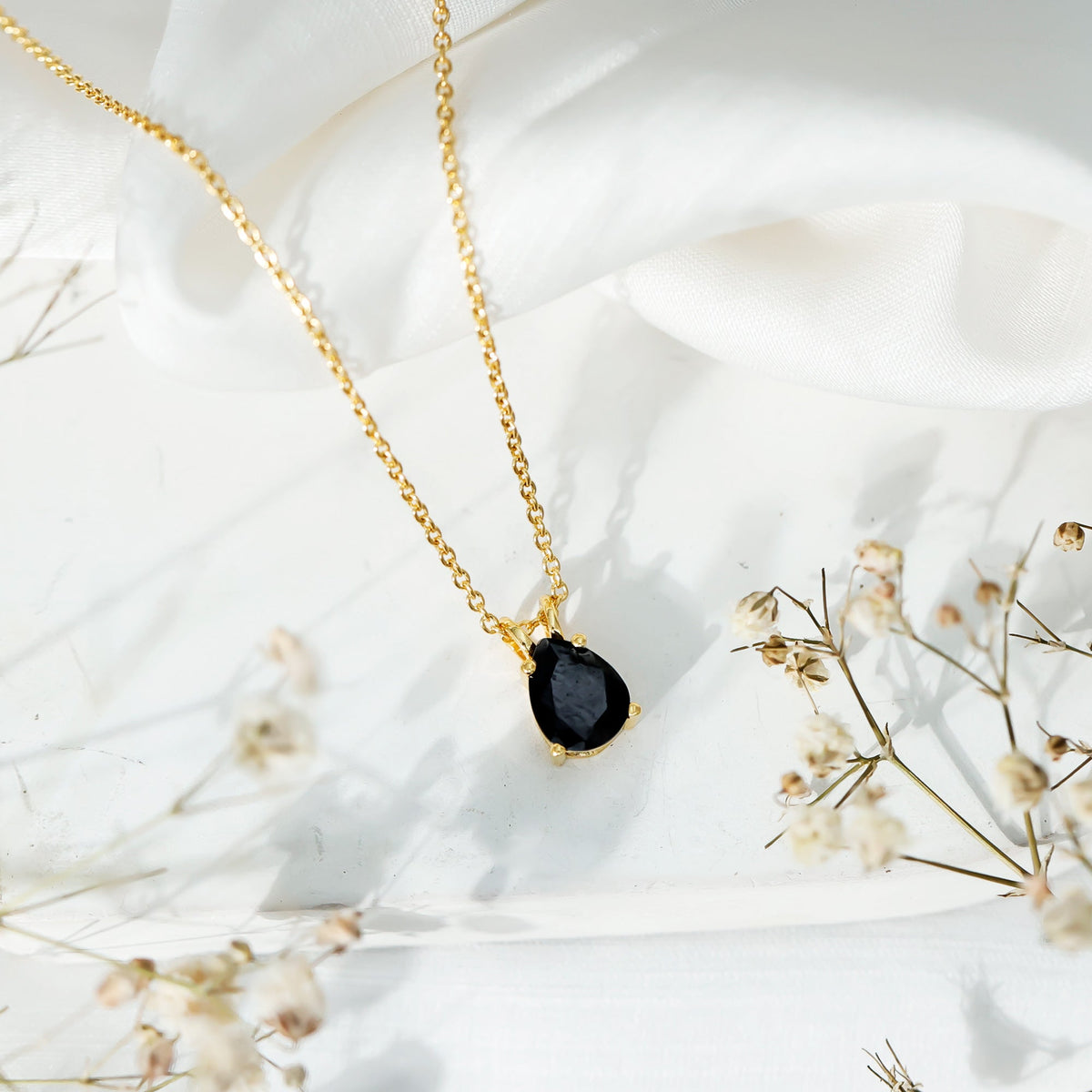 1.6 Carat Pear Shaped Black Onyx Solitaire Necklace with Silver Chain