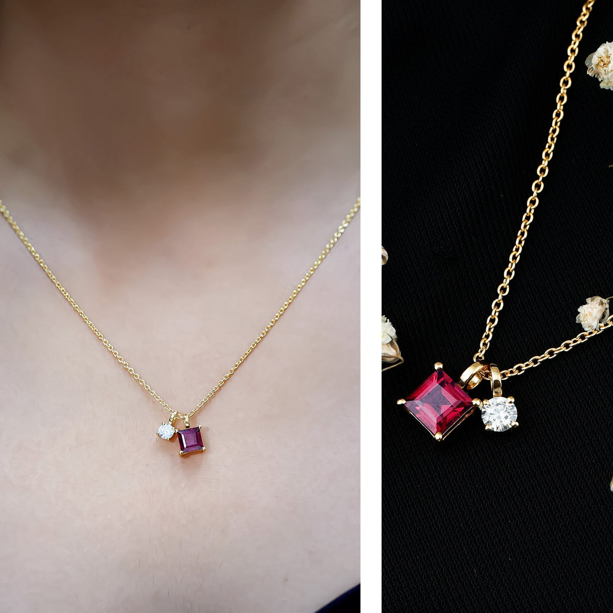 1.4 Carat Princess Cut Rhodolite Garnet Promise Necklace with Moissanite