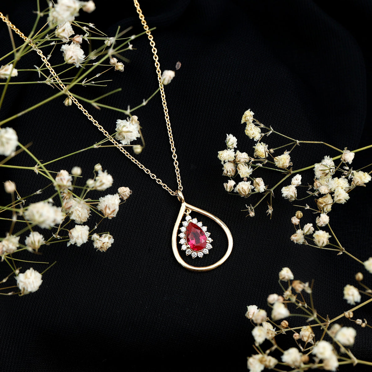 1.3 Carat Lab Grown Ruby Teardrop Necklace with Lab Diamond