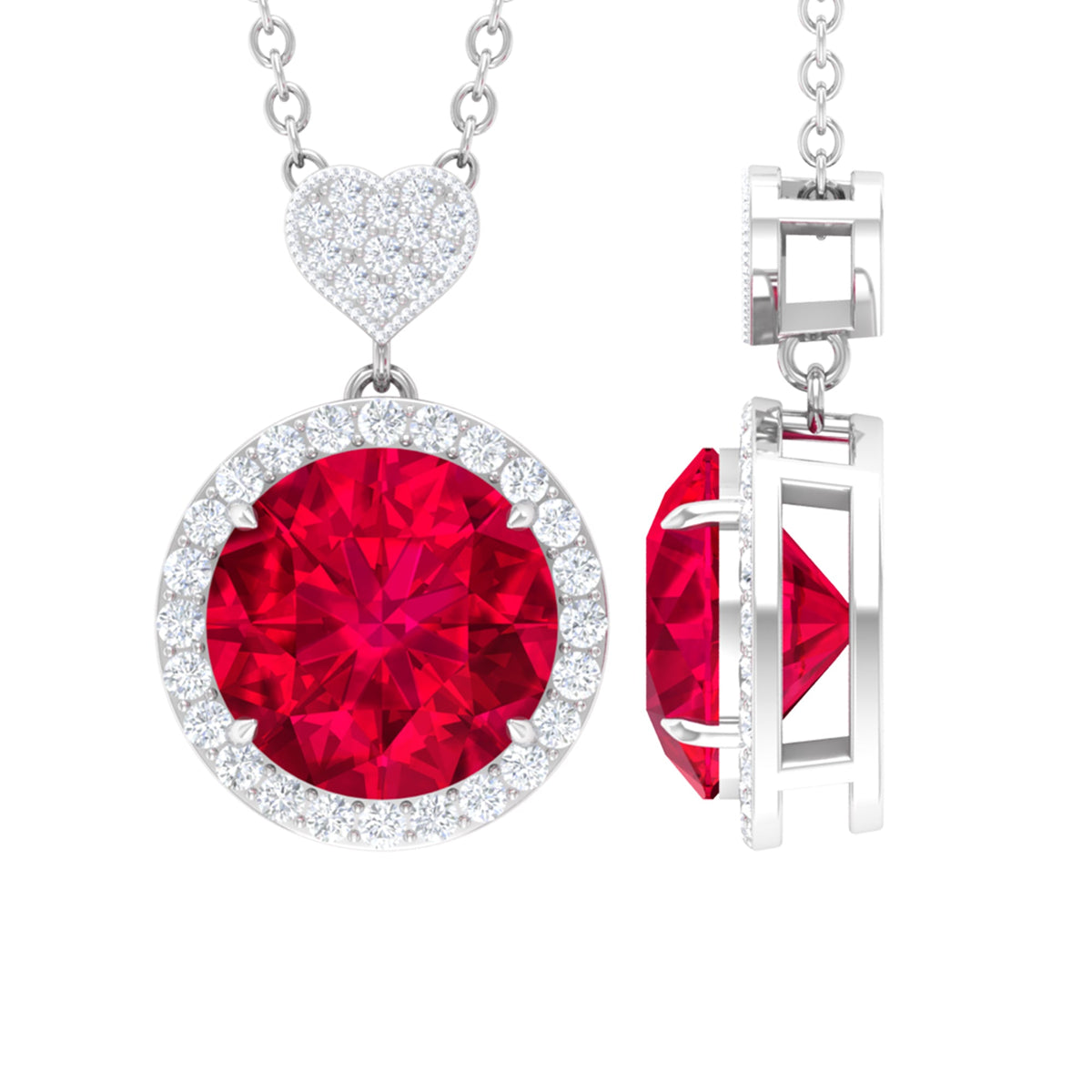 2 Carat Lab Created Ruby Halo Necklace with Diamond Heart