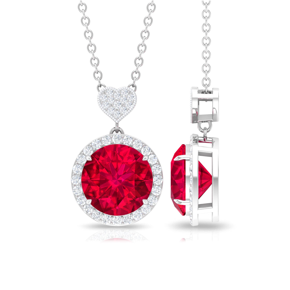 2 Carat Lab Created Ruby Halo Necklace with Diamond Heart