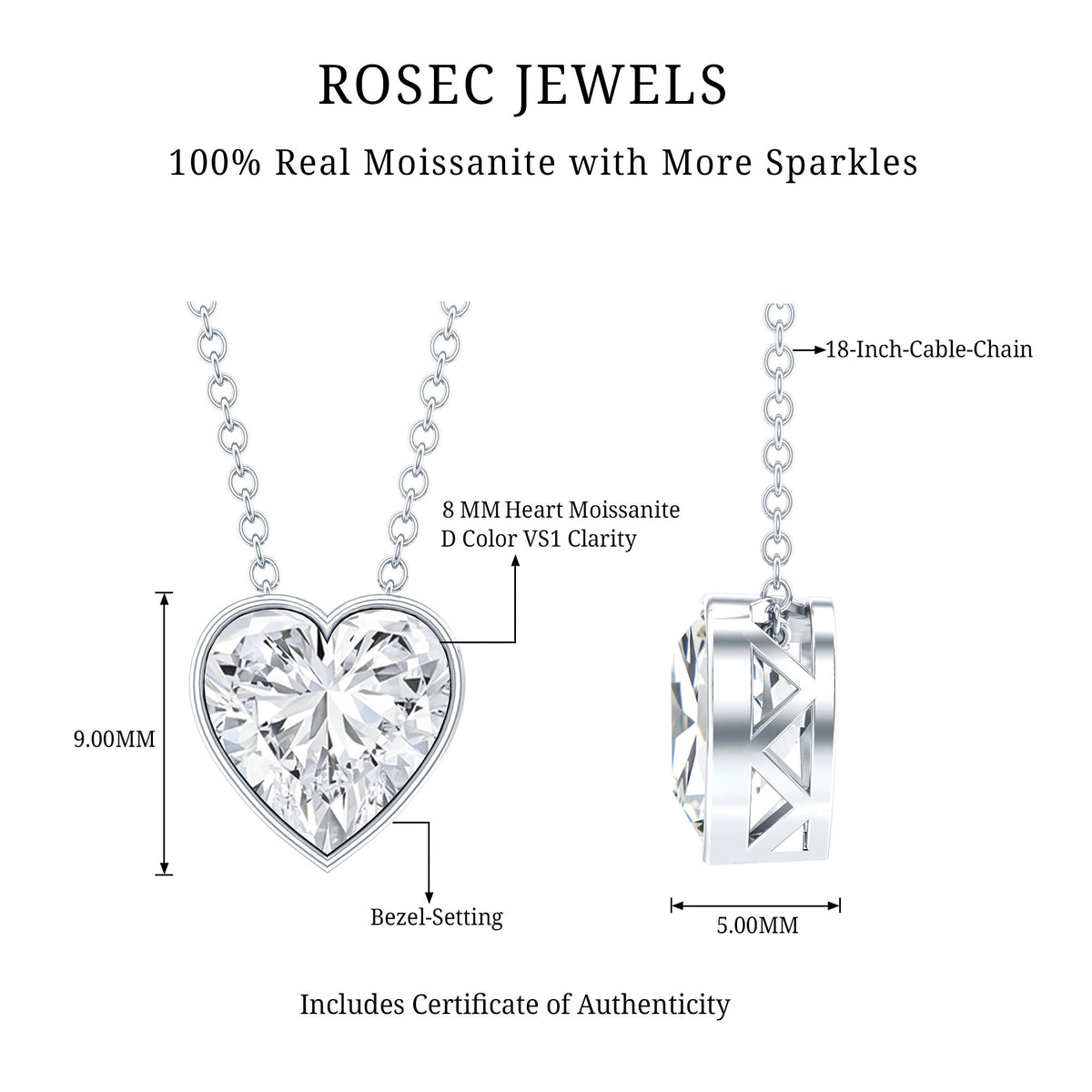2 Carat Heart Shape Moissanite Solitaire Necklace in Bezel Setting