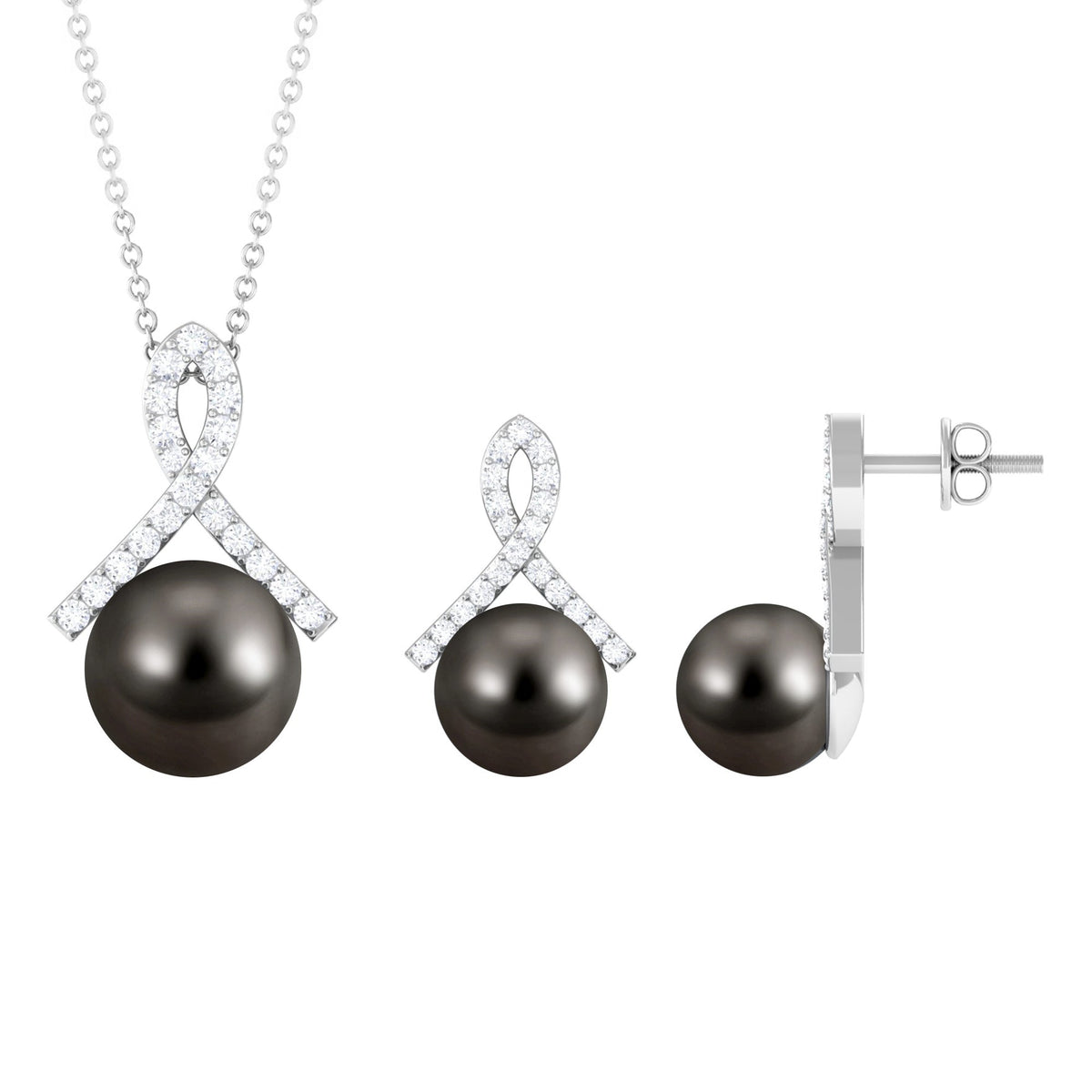 Black Tahitian Pearl Necklace and Earrings Set with Lab Grown Diamond