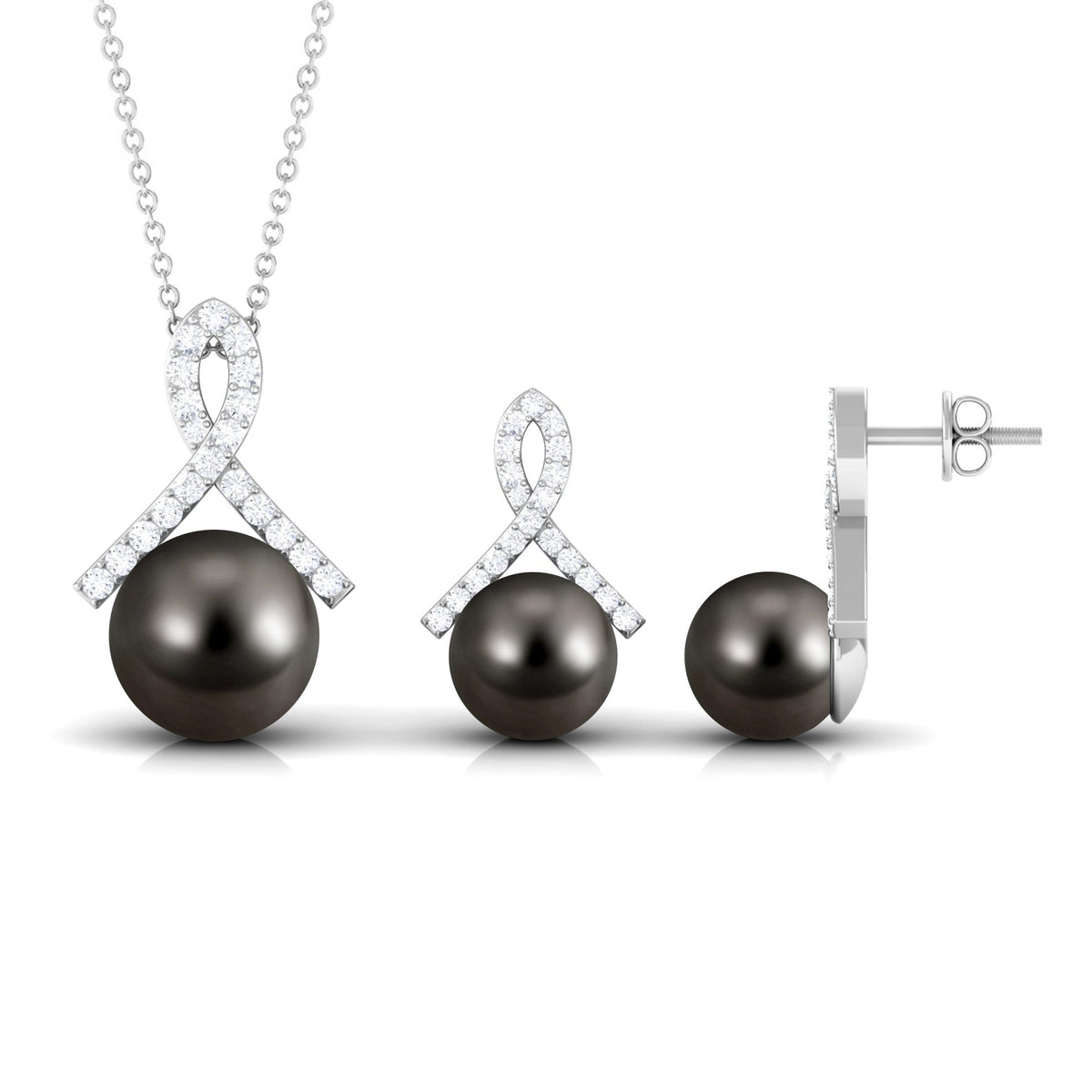 Black Tahitian Pearl Necklace and Earrings Set with Lab Grown Diamond