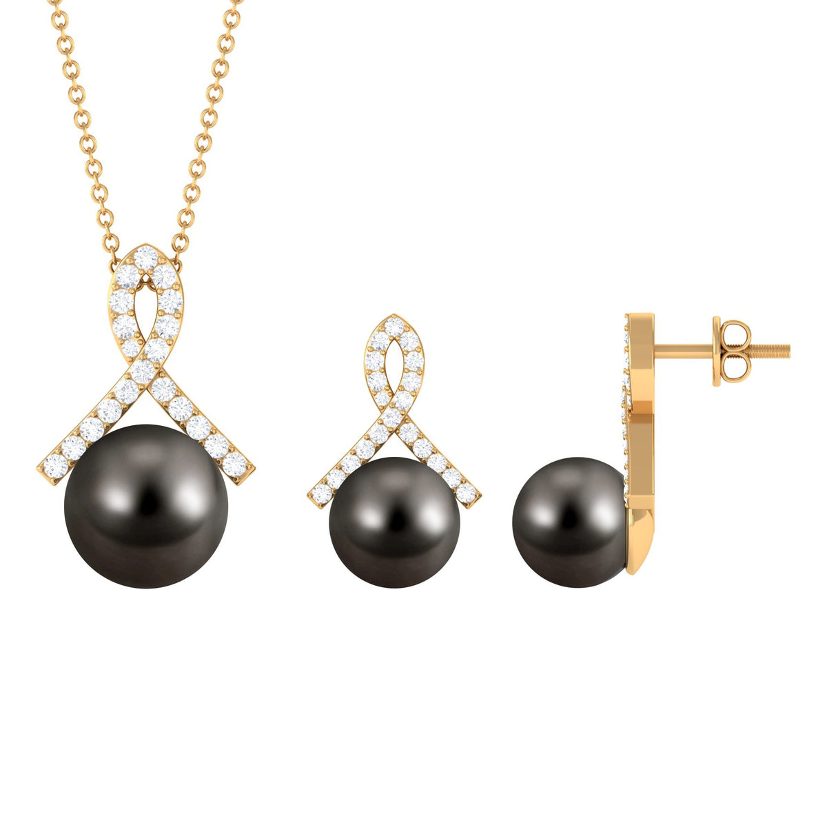 Black Tahitian Pearl Necklace and Earrings Set with Lab Grown Diamond