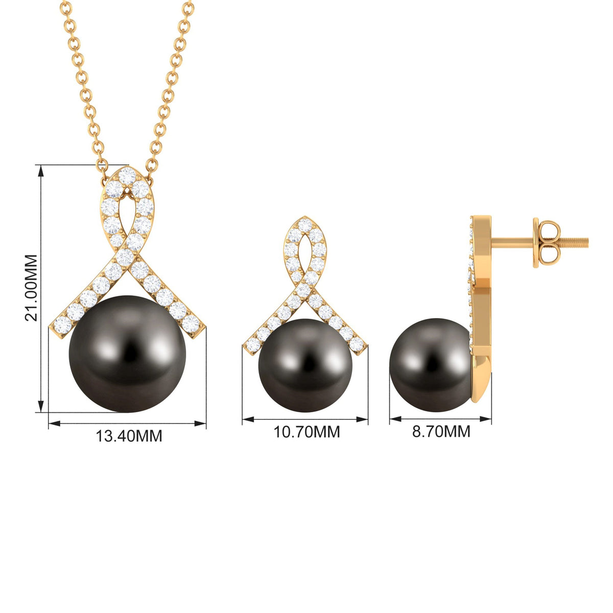 Black Tahitian Pearl Necklace and Earrings Set with Lab Grown Diamond