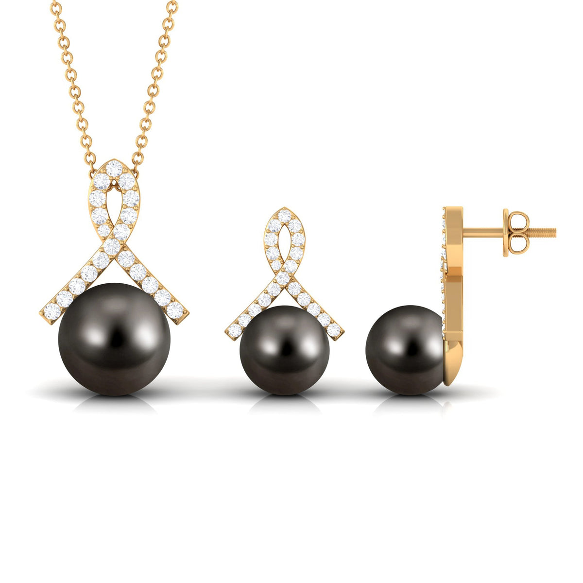 Black Tahitian Pearl Necklace and Earrings Set with Lab Grown Diamond