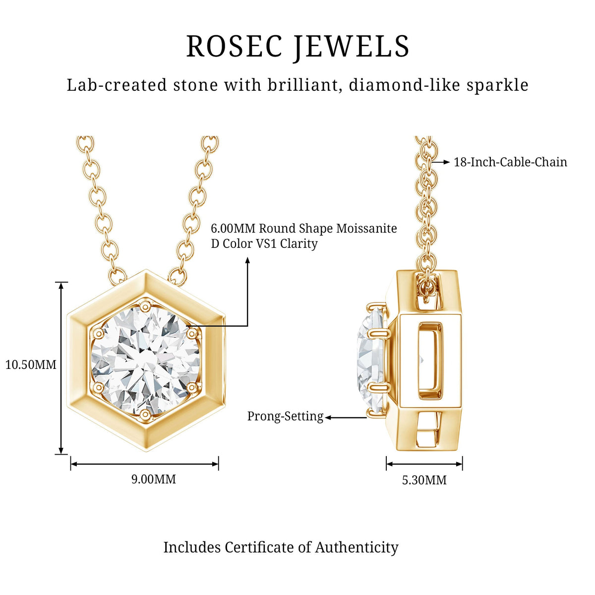 Certified Moissanite Solitaire Hexagonal Pendant