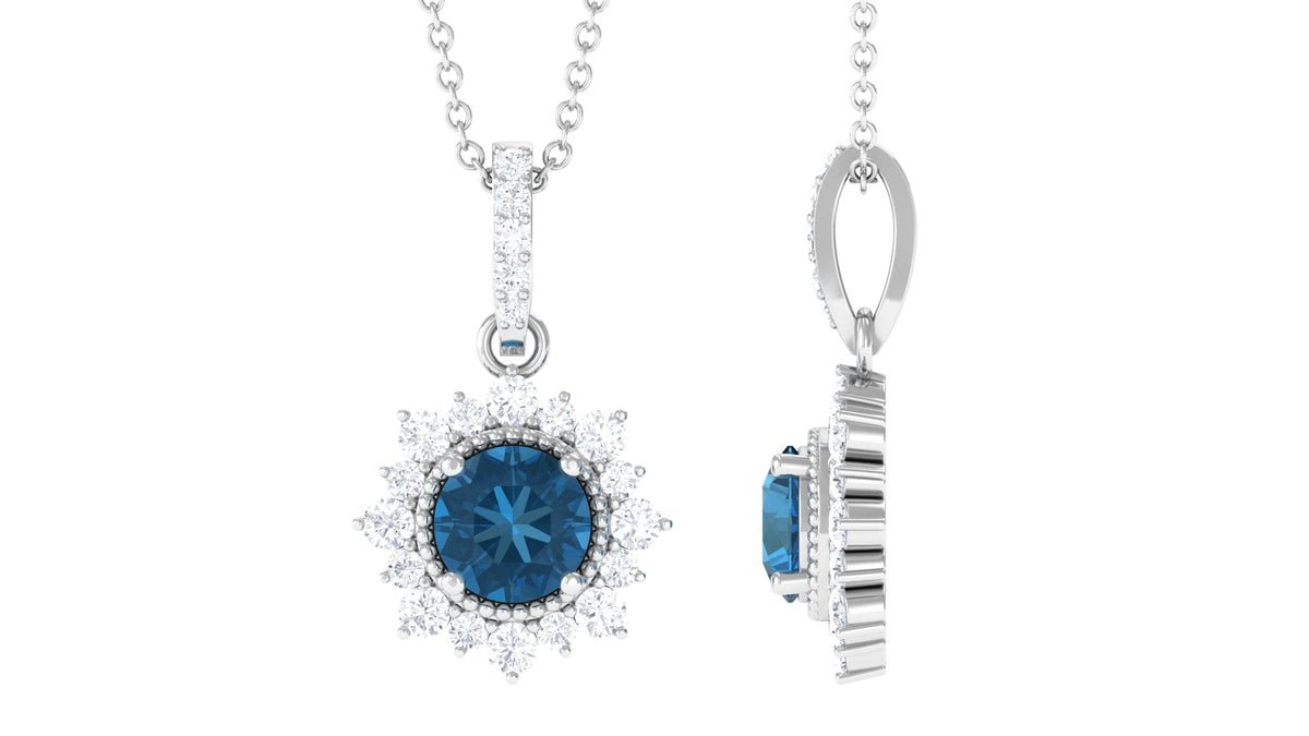 0.6 Carat Natural London Blue Topaz Pendant Necklace with Diamond Halo