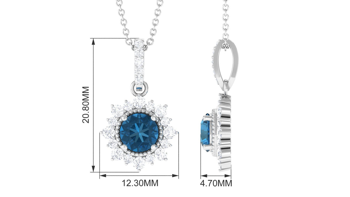 0.6 Carat Natural London Blue Topaz Pendant Necklace with Diamond Halo