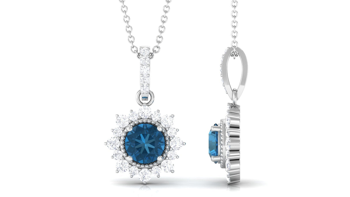 0.6 Carat Natural London Blue Topaz Pendant Necklace with Diamond Halo