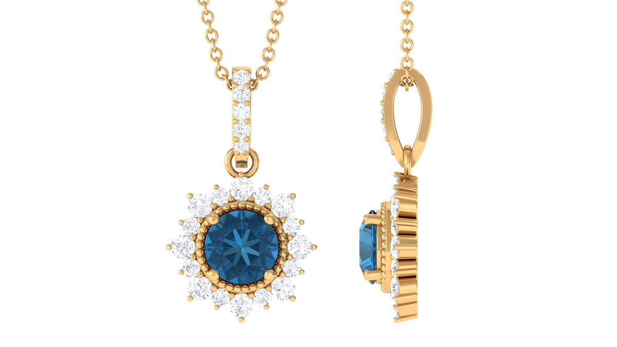 0.6 Carat Natural London Blue Topaz Pendant Necklace with Diamond Halo