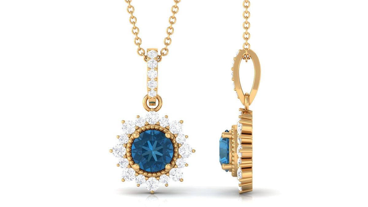 0.6 Carat Natural London Blue Topaz Pendant Necklace with Diamond Halo