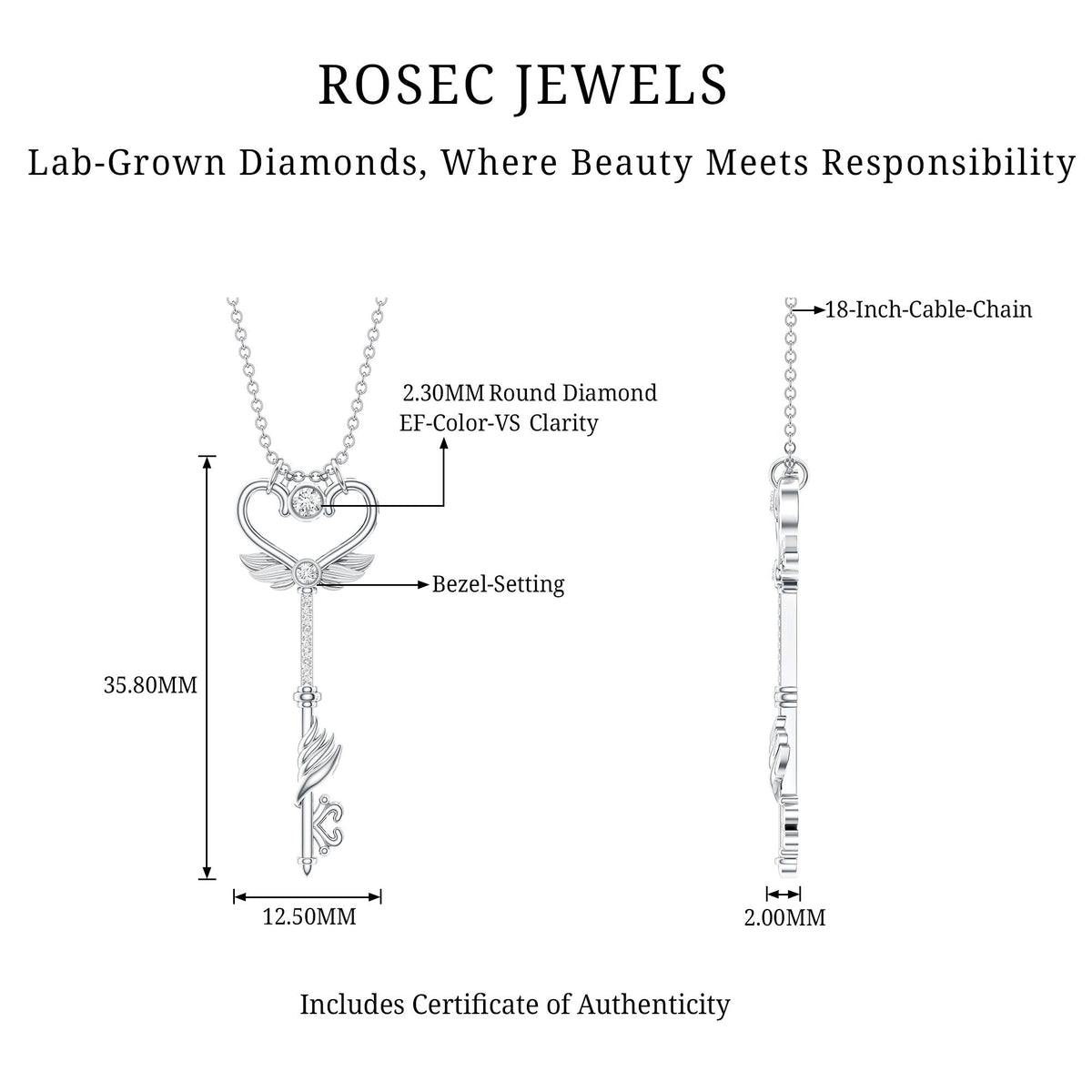 Diamond Key Necklace with Angel Wings